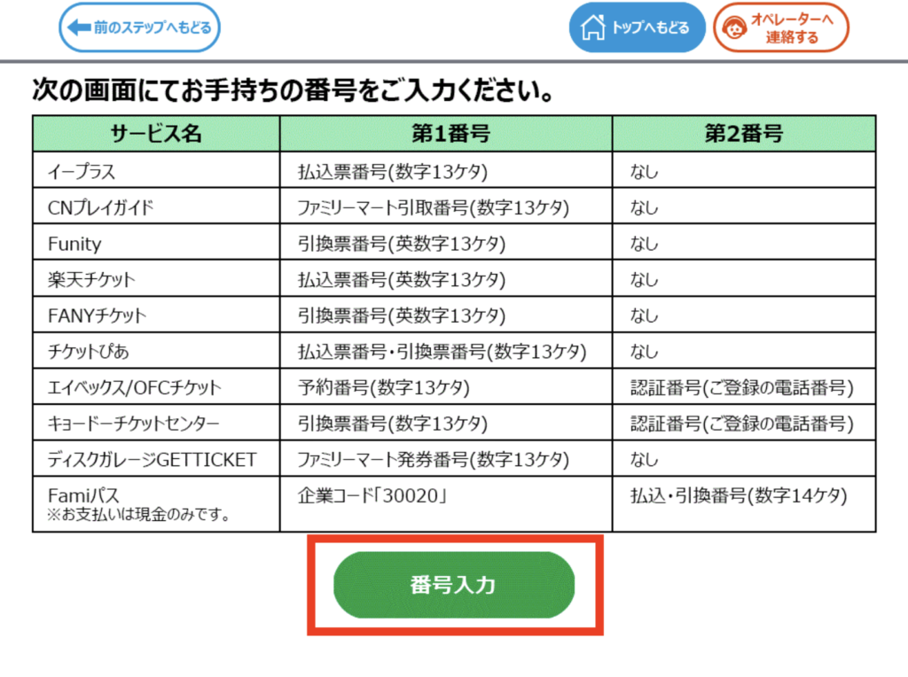 チケットぴあ公式サイト　ファミリーマートチケット発券手順 マルチコピー機操作画面